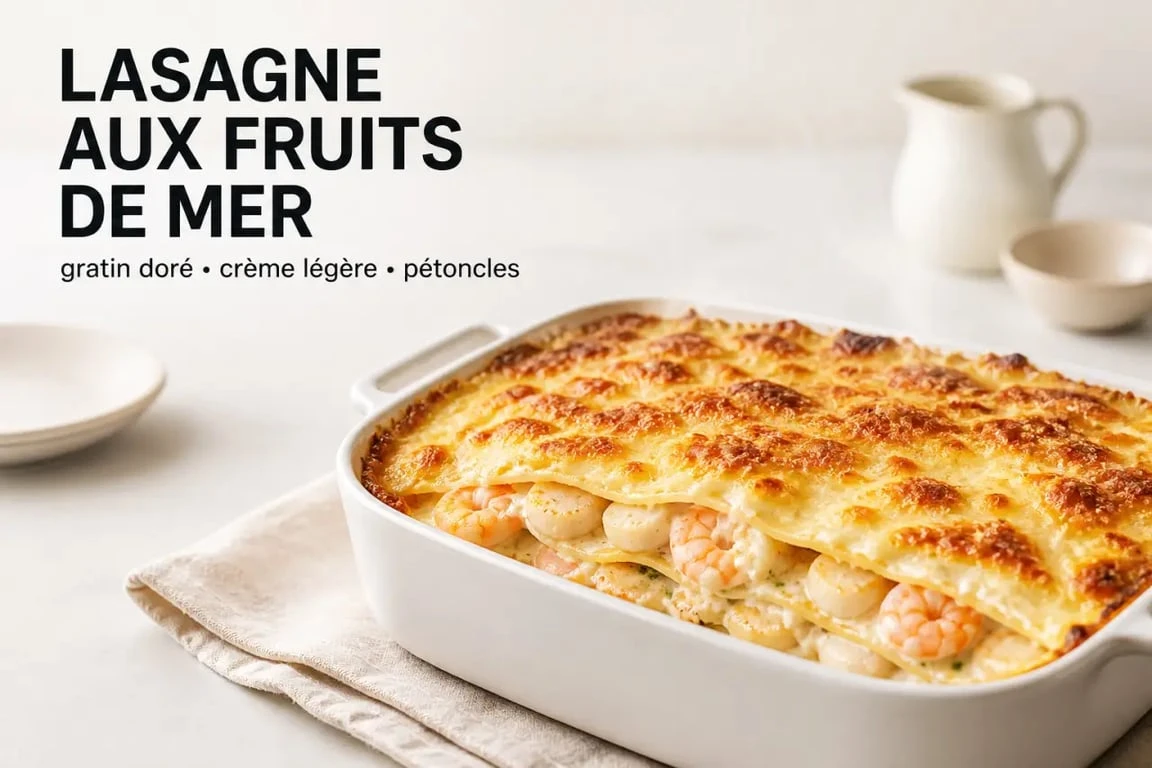 Recette lasagne fruits de mer gratinée et crémeuse servie dans un plat, avec couches visibles à la découpe