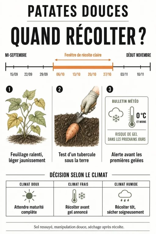 Quand récolter les patates douces : fenêtre de récolte, signes de maturité et risque de gel