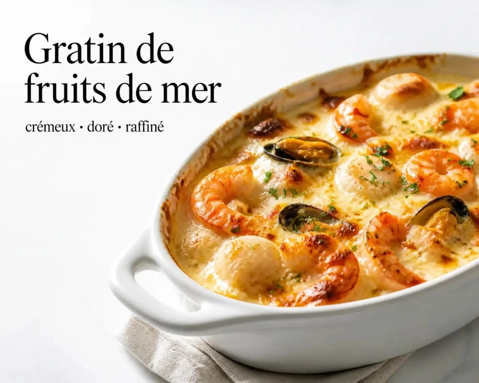 Gratin de fruits de mer grand chef doré et crémeux, servi dans un plat élégant