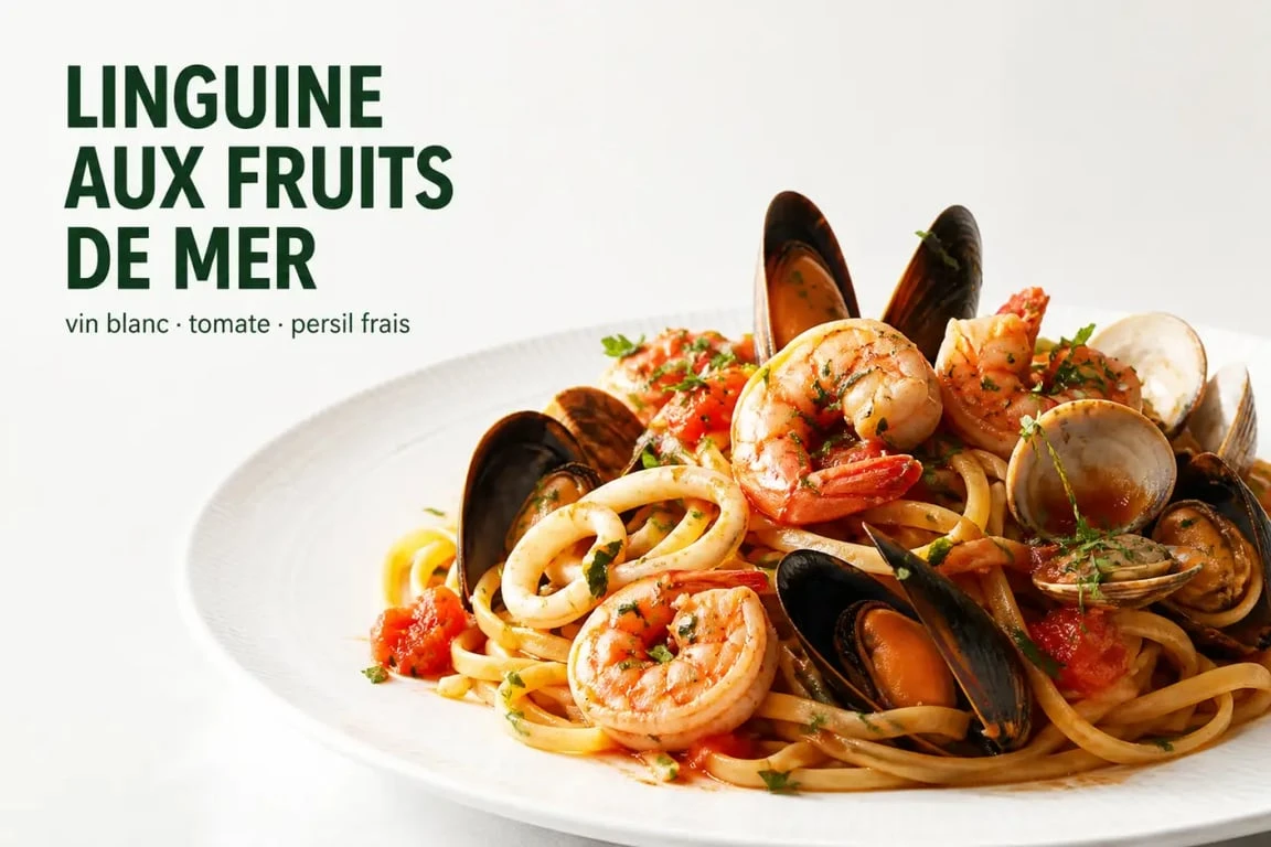 Linguine aux fruits de mer dans une assiette dressée avec moules, palourdes, crevettes et encornets