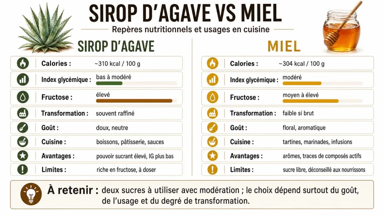 Sirop d agave ou miel : infographie comparative sur les calories, l’index glycémique, le fructose et les usages