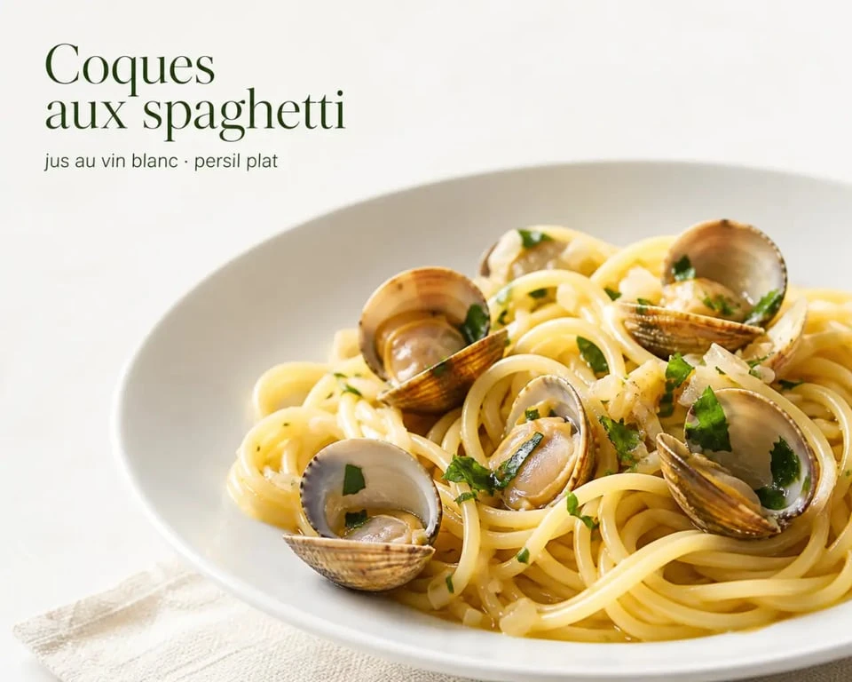 Coque aux pates servies dans une assiette creuse avec spaghetti, coques et persil