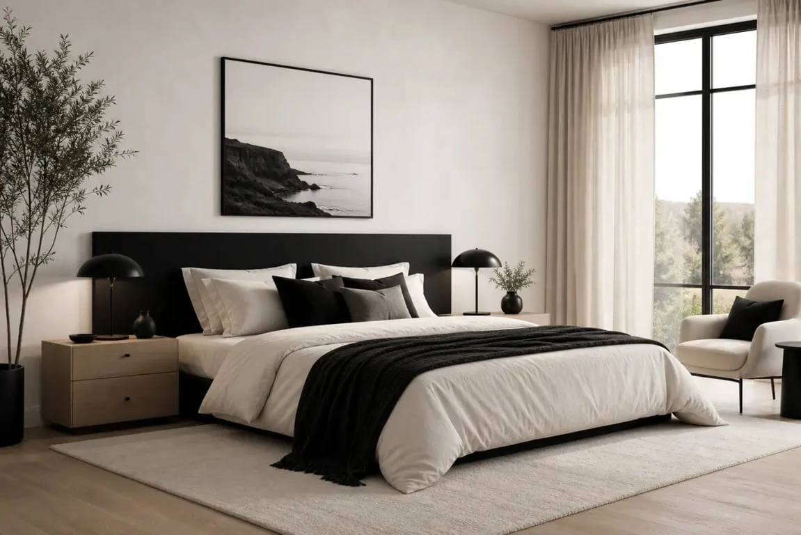 Chambre noir et blanc élégante avec lit minimaliste, accents noirs et décoration murale assortie