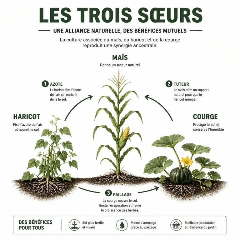Schéma explicatif de l'association potagère des Trois Sœurs