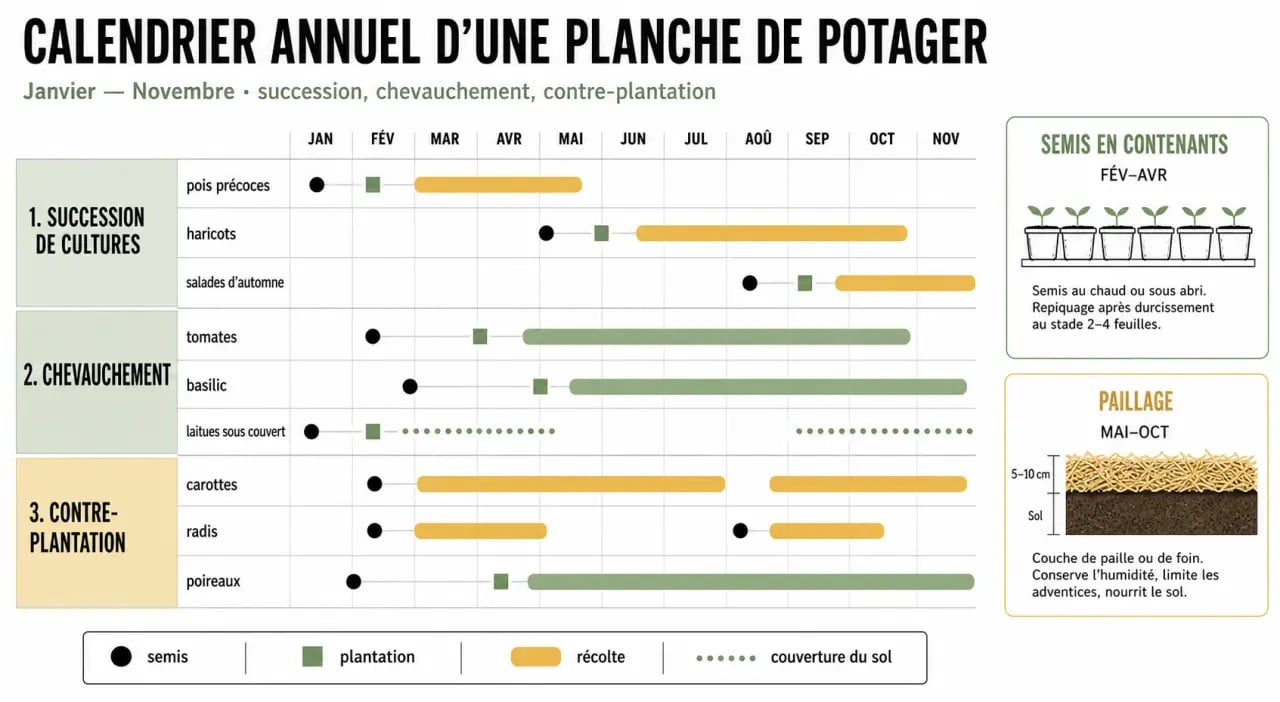 Optimiser son potager familial grâce aux conseils de malaoexport : calendrier visuel des successions de cultures, du chevauchement et de la contre-plantation