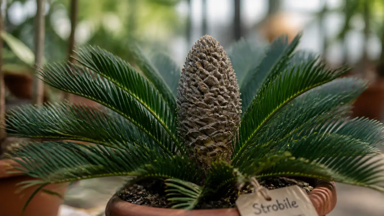 Fleur de cycas que faire : strobile brun-gris en pot