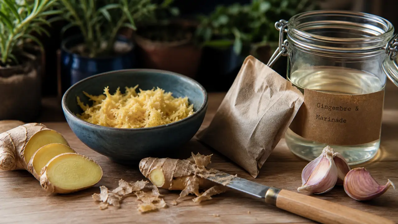 Gingembre cuisine frais râpé sur plan de travail bois clair