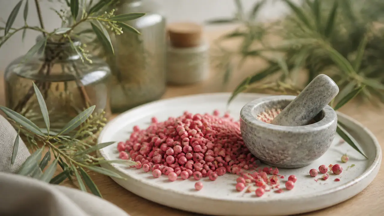 Le poivre du perou faux poivre rose, baies roses et mortier sur assiette blanche