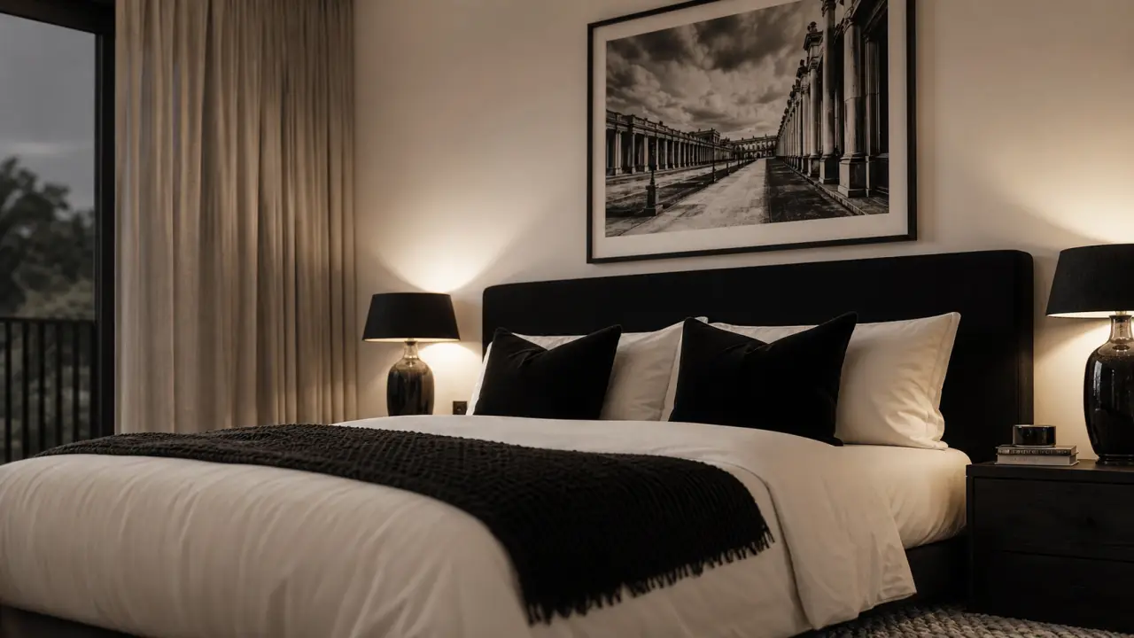 Noir et blanc chambre, contraste chaleureux et lumière du soir
