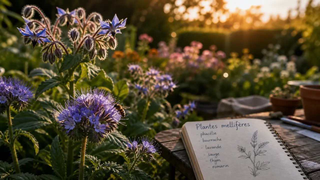 plantes mellifere : abeille sur phacélie et bourrache au jardin