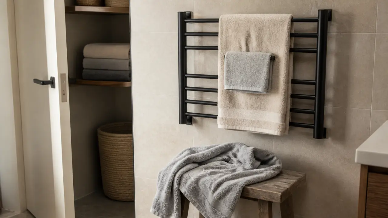 Rangement serviette mural sans perçage en acier noir dans une salle de bain