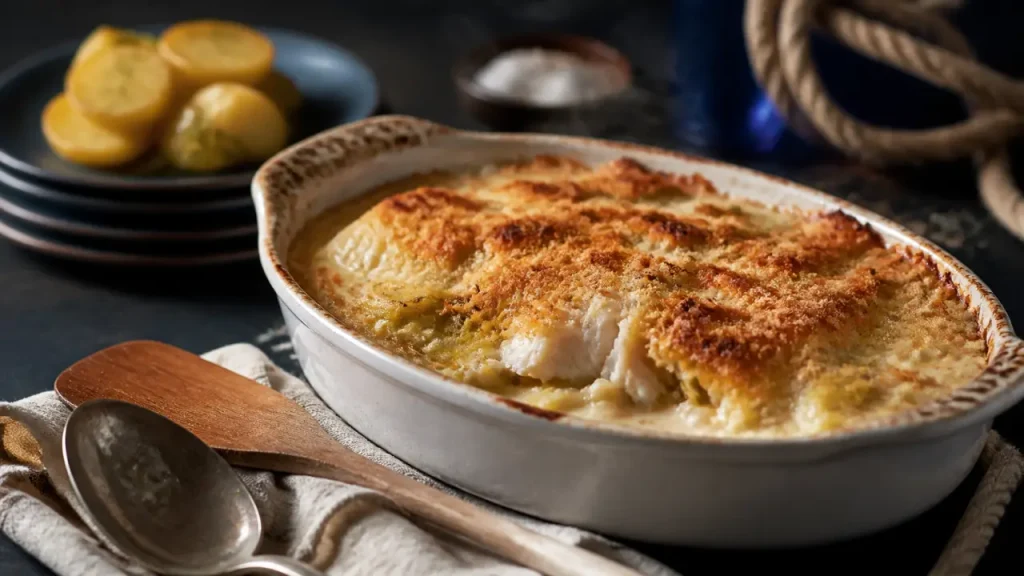 Gratin de poisson au four, sauce crémeuse et pommes de terre fondantes