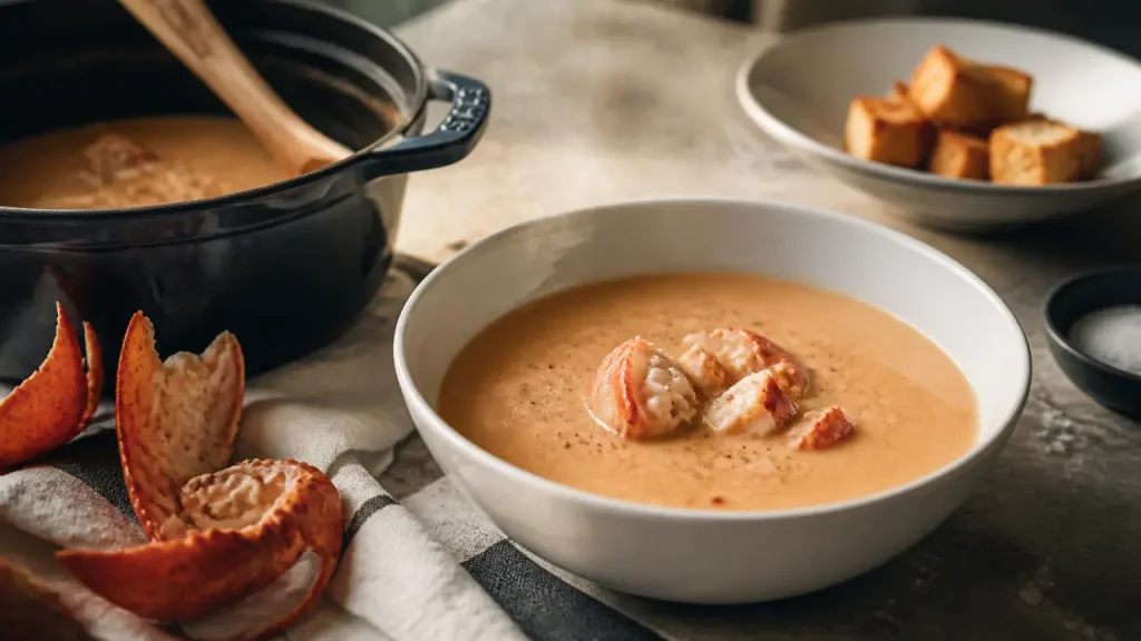 Bisque de homard maison : carcasses dorées, filtration fine et crème pour un velouté intense