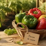 Saison poivron : poivrons verts rouges jaunes au potager
