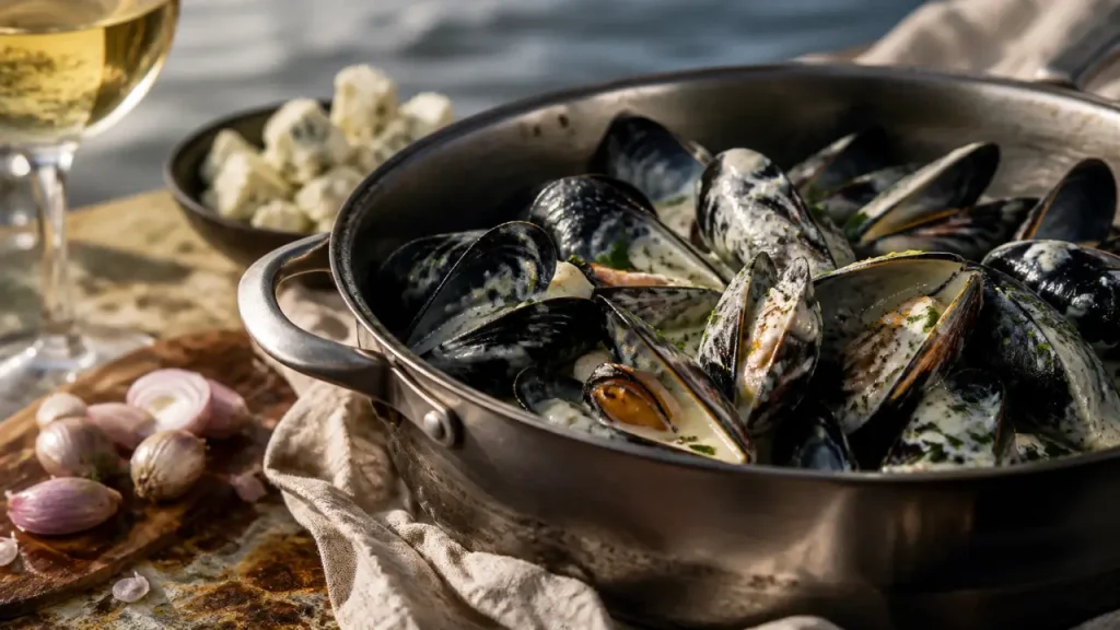Moules au roquefort : feu doux, jus de cuisson et sauce bien dosée