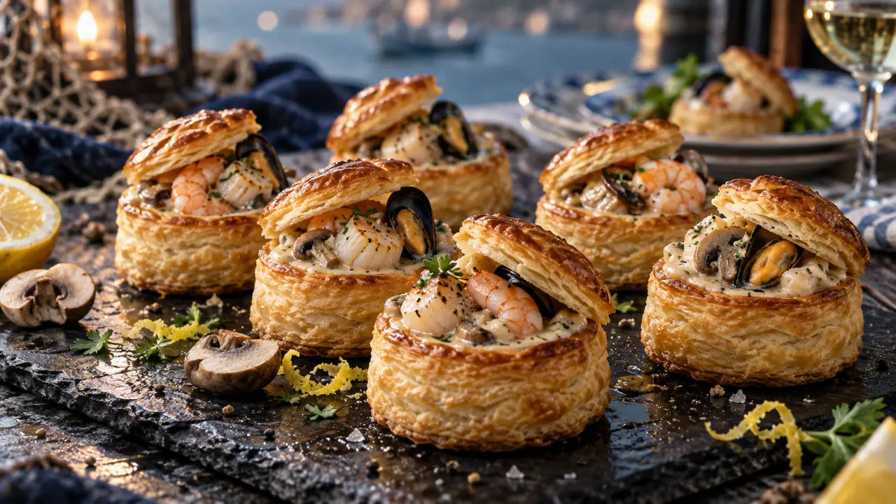 Bouchées à la reine aux fruits de mer : feuilleté croustillant aux crevettes, moules et pétoncles