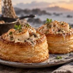 Bouchées aux fruits de mer en pâte feuilletée dorée, sauce crémeuse aux fruits de mer