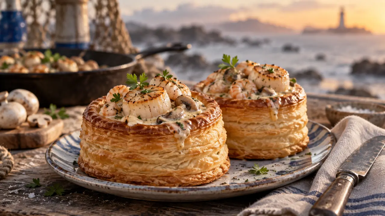 Bouchées aux fruits de mer en pâte feuilletée dorée, sauce crémeuse aux fruits de mer