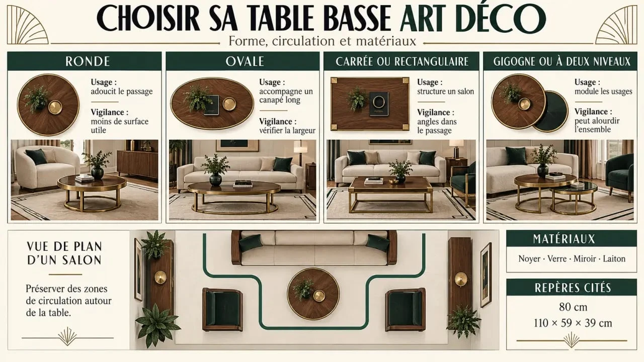 Infographie pour choisir une table basse Art déco selon la forme, les matériaux et les dimensions