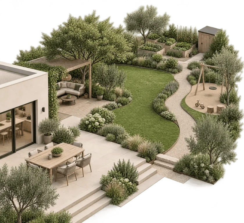 Aménagement extérieur de jardin avec zonage des espaces, circulation et coin détente