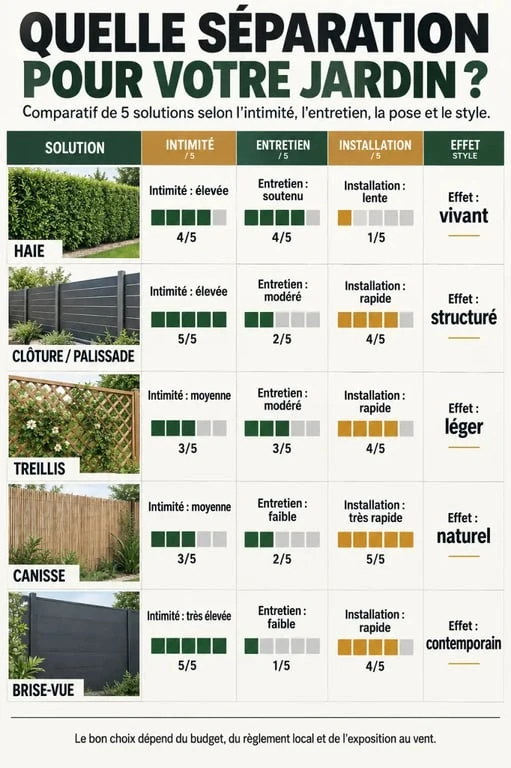 Aménagement extérieur de jardin : comparaison visuelle des solutions de séparation et d’occultation