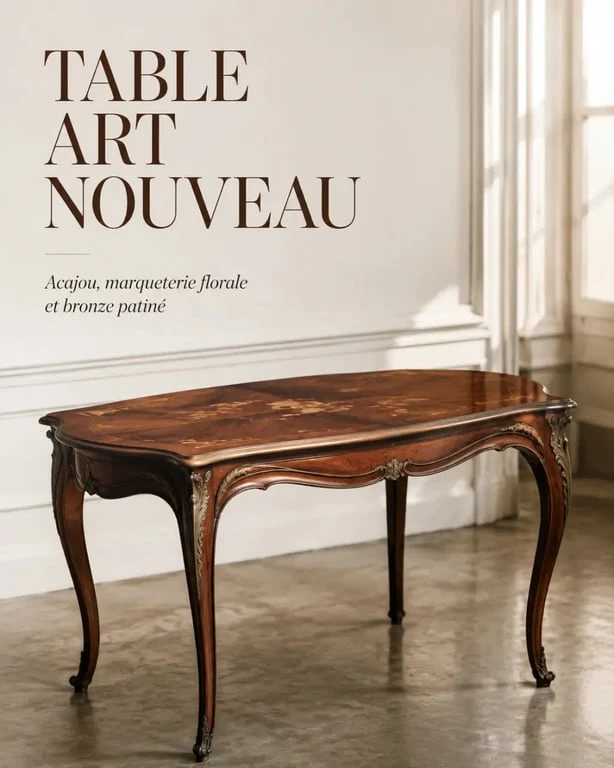 Table art nouveau en acajou avec marqueterie florale et pieds courbés