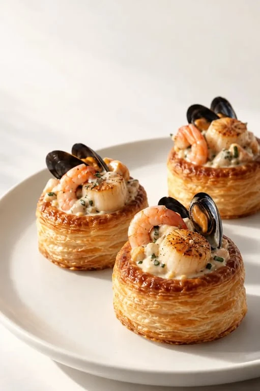Bouchées aux fruits de mer à la sauce crémeuse, pâte feuilletée dorée et croustillante