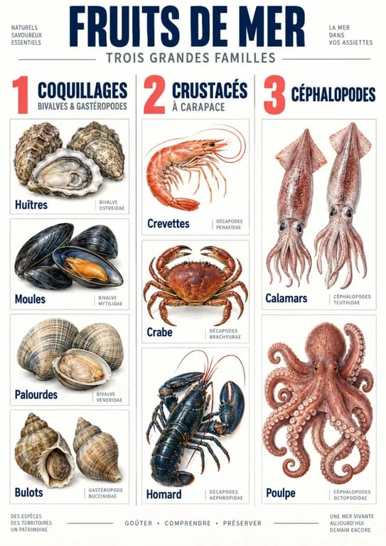 Infographie de la liste des fruits de mer par familles : coquillages, crustacés et céphalopodes