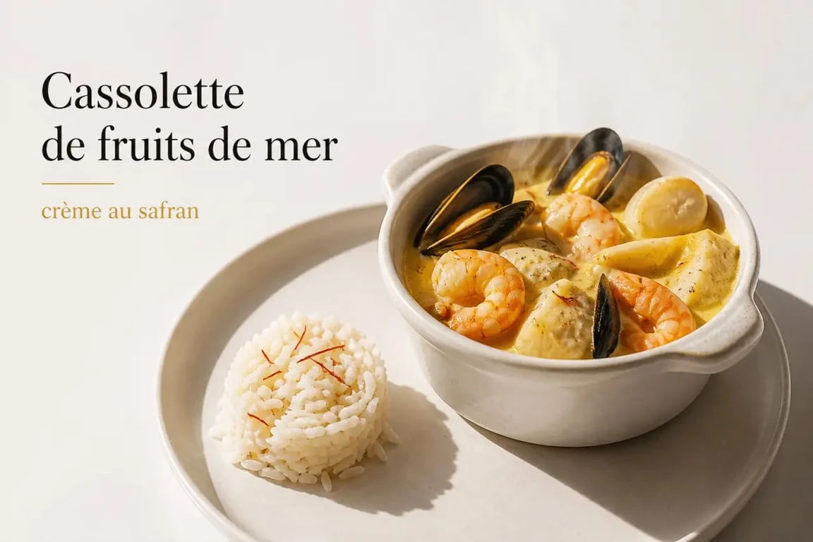 Cocktail de fruits de mer servi en cassolette avec sauce à la crème et au safran