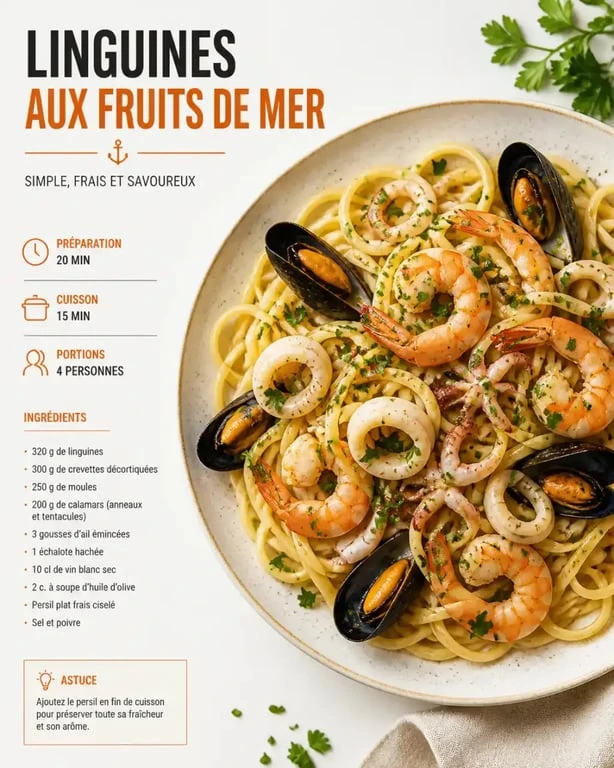 Assiette de pâtes aux fruits de mer recette maison avec crevettes et moules
