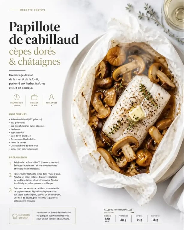 Recette poisson Noël chef étoilé : filet de cabillaud en papillote aux cèpes