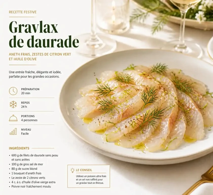 Recette poisson Noël chef étoilé : gravlax de daurade dressé sur assiette