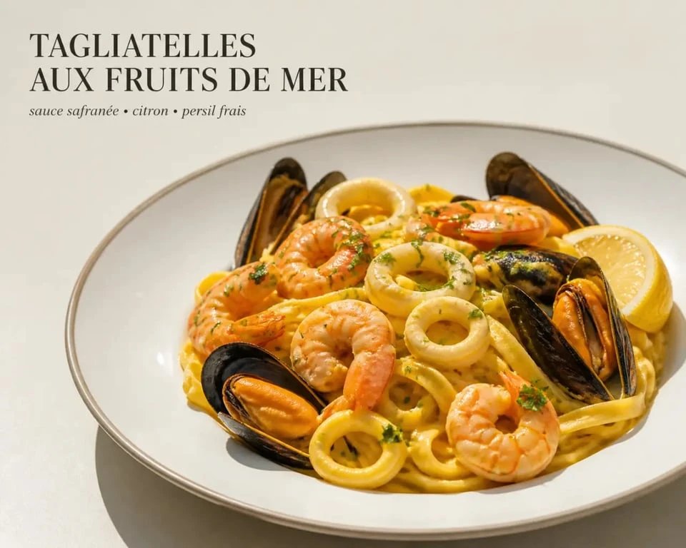 Tagliatelles aux fruits de mer dressées en assiette, sauce crémeuse et safranée