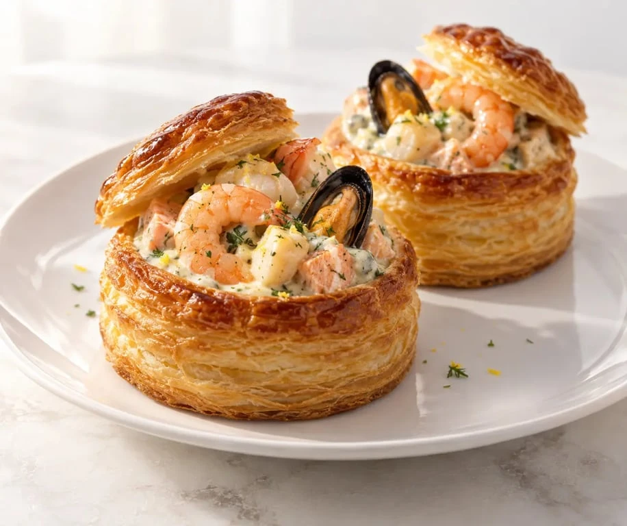 La meilleure recette des bouchées aux fruits de mer, feuilletés dorés garnis de sauce crémeuse