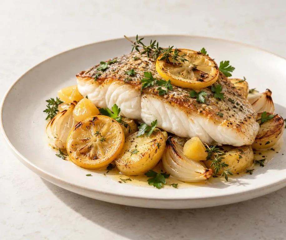 Recette de poisson maigre au four avec pommes de terre, citron et herbes
