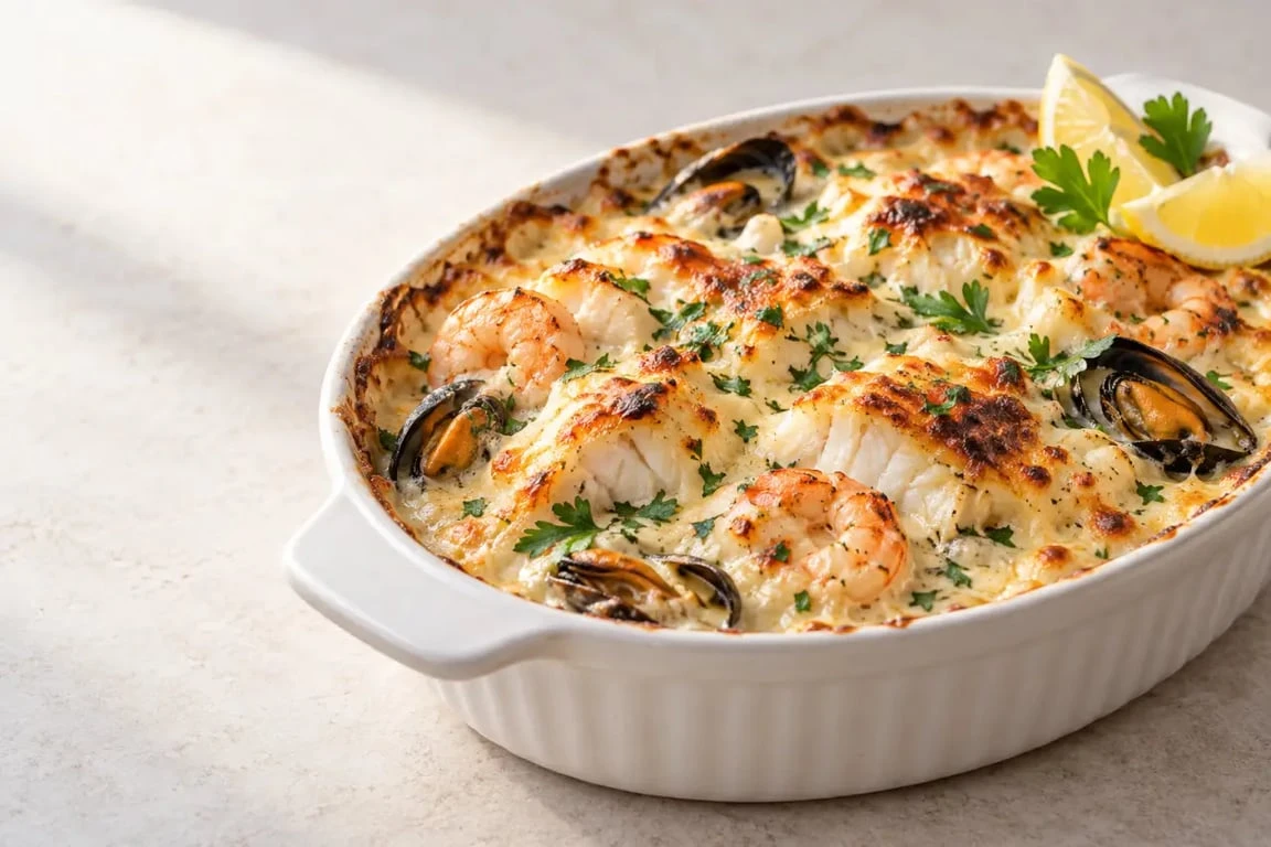 Recette gratin de fruits de mer et poisson frais doré au four