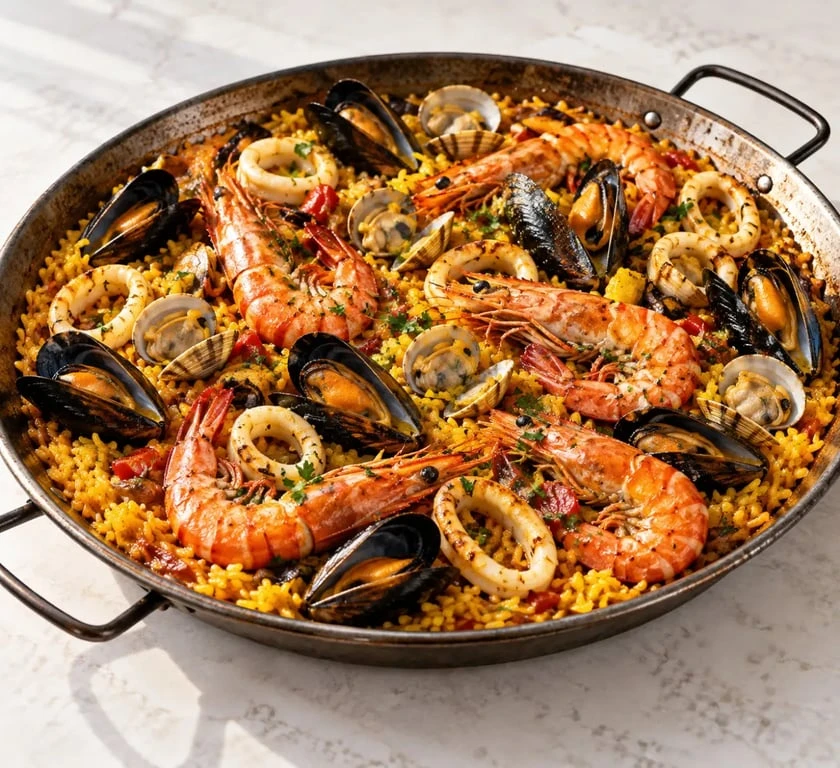 Paella aux fruits de mer généreuse servie dans une paellera