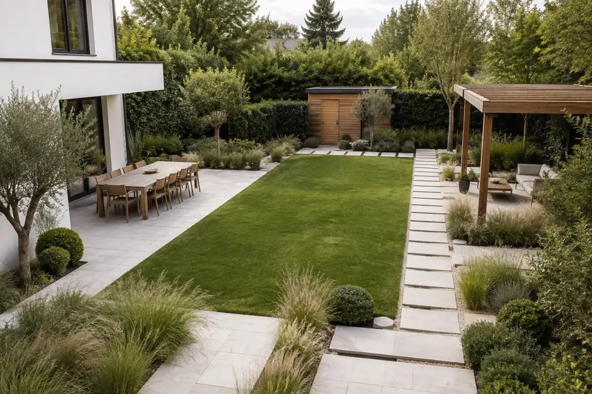 Aménagement du jardin photo : jardin familial avec terrasse, pelouse et coin détente