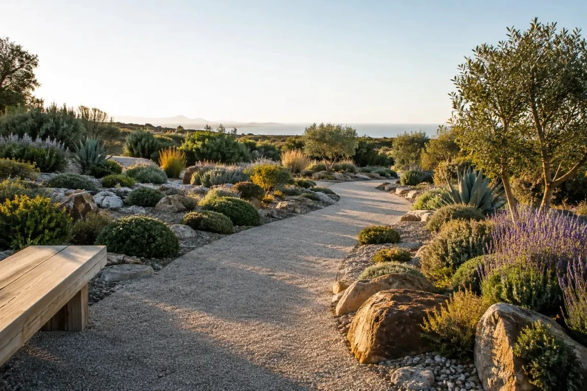 Aménagement du jardin photo : jardin méditerranéen minéral avec plantes résistantes à la sécheresse