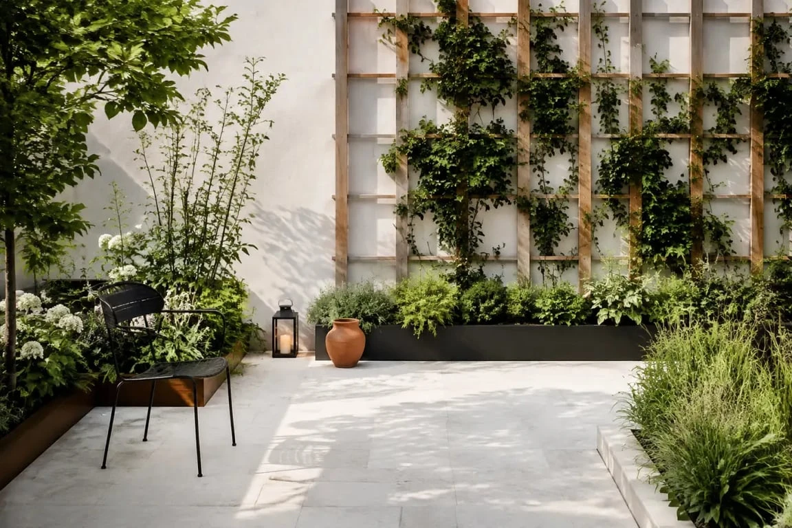 Aménagement du jardin photo : petit jardin de ville avec treillis et plantes verticales