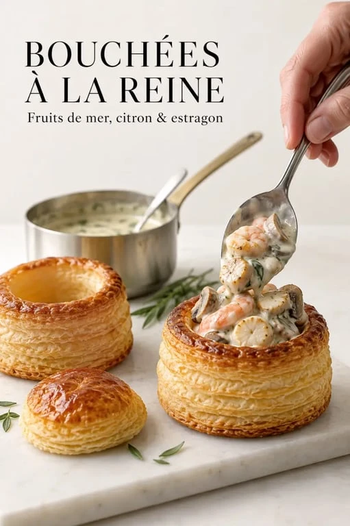 Montage des bouchées à la reine aux fruits de mer avec garniture crémeuse