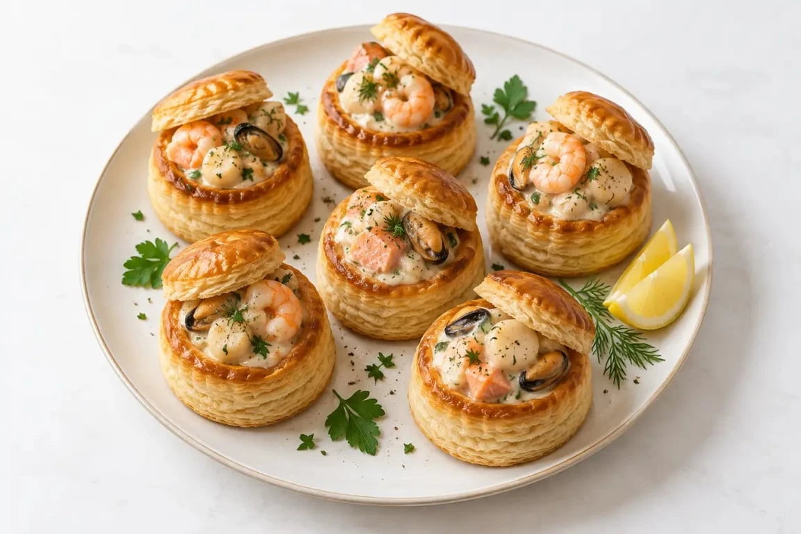 Bouchées à la reine aux fruits de mer garnies de crevettes, moules, pétoncles et saumon