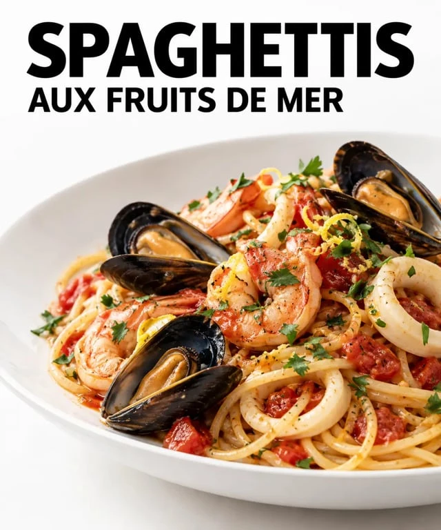 Spaghettis aux fruits de mer avec moules, crevettes et calamars