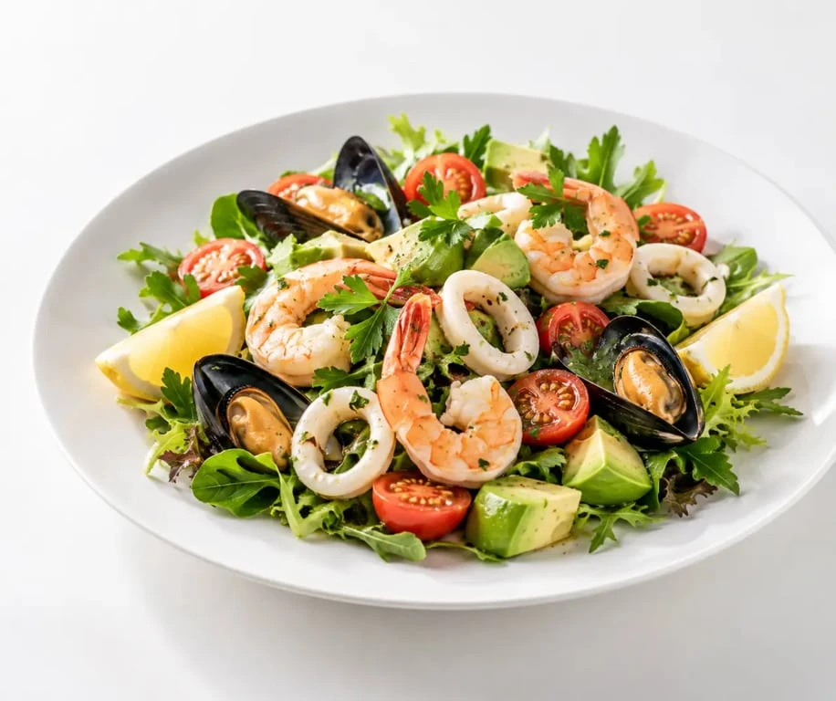 Fruits de mer en salade avec crevettes, calamars, moules et crudités