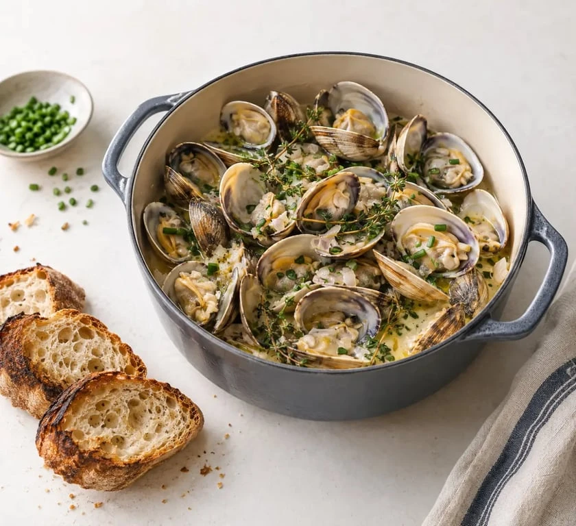 Fruits de mer amande à la marinière avec crème et ciboulette
