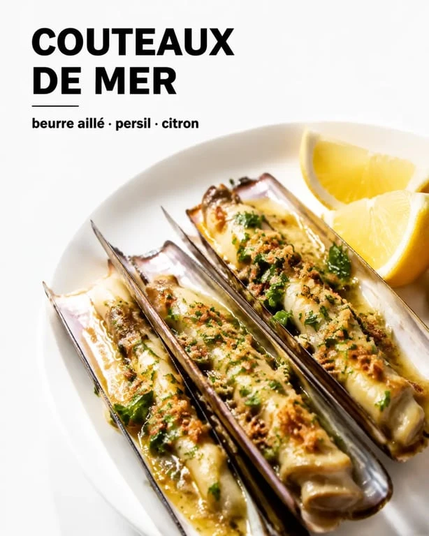 Fruits de mer couteaux au beurre aillé, persil et citron servis en assiette