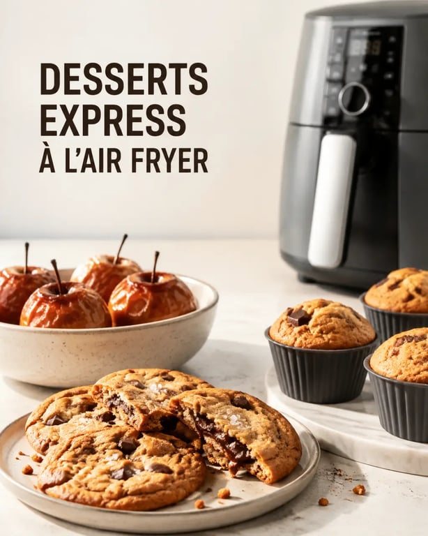 Cuisiner des desserts rapides avec son nouvel air fryer : assortiment de cookies, pommes rôties et muffins dorés