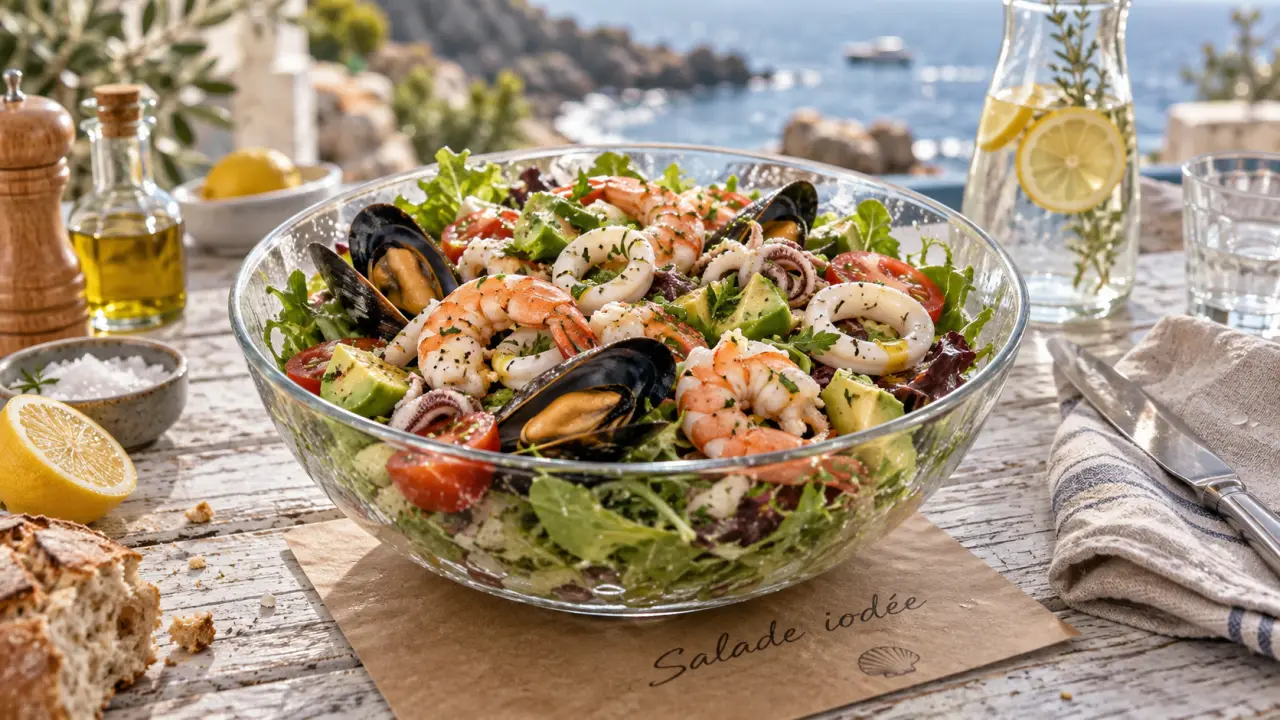 Fruits de mer en salade, salade iodée aux calamars, crevettes et moules