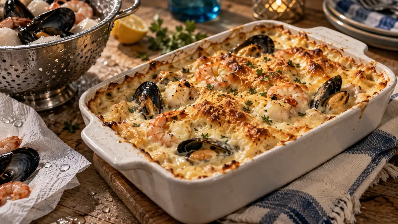 Fruits de mer surgelés recette gratin avec bon égouttage, béchamel dorée