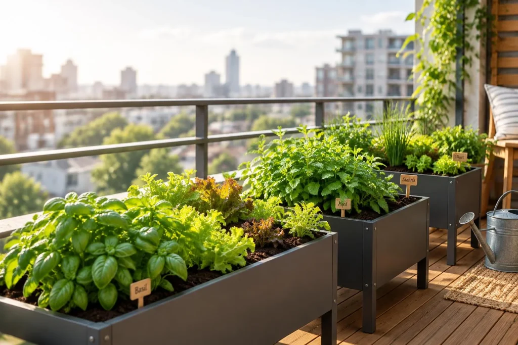 Un potager urbain sur balcon réussit avec 4 à 6 heures de soleil et des bacs sécurisés